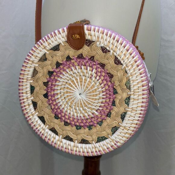 NWT Abtha Bali round rattan woven purse bag crossbody/shoulder leather - Picture 1 of 8